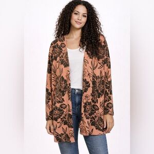 Soft Surroundings Floral Peach Green Open Front Long Sleeve Knit Cardigan Medium